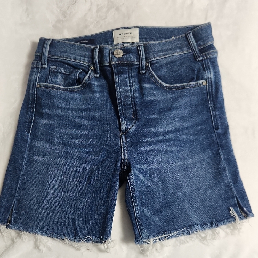 Medium-Dark Blue Jean Shorts with Frayed Hem and Stretch